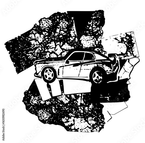 Vector Wrecked sedan amidst fractured terrain.
