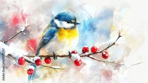 Winter bird watercolor painting, snow, berries, branch, nature, greeting card design