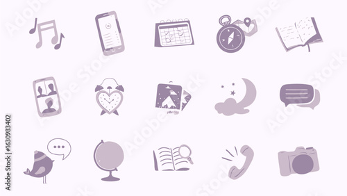 A set of hand-drawn purple icons for modern digital life and communication concepts
