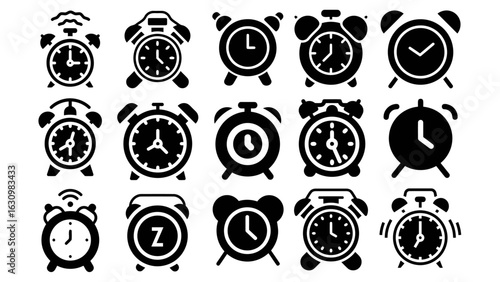 Set of alarm clock vector icons. Black and white glyphs for time management and morning wake-up calls.