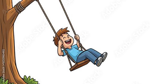 Cartoon Illustration of a Happy Boy Swinging on a Tree Swing for Childrens Designs