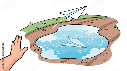 Cartoon illustration of paper airplane flying over pond symbolizing aspirations and childhood