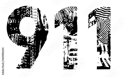 Vector Distressed numeric featuring the numbers 911 with fingerprint textures.