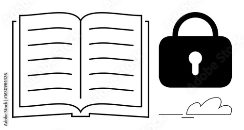 Open book with visible pages and a large padlock beside it, symbolizing secure knowledge, privacy, and data safety. Ideal for education, cybersecurity, privacy, learning, confidentiality