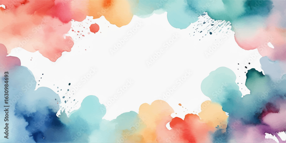 Obraz premium Colourful abstract watercolour background with splashes and decorative frame elements