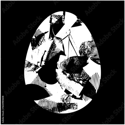 Vector Abstract figures interact within a fragmented oval composition.