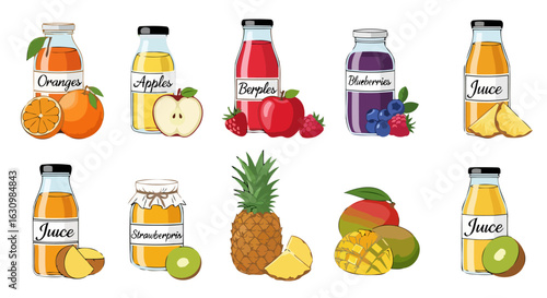 fresh fruit juice bottles jars vibrant icons for healthy branding