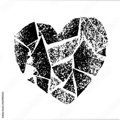 Vector Fragmented black heart depicts brokenness and vulnerability.