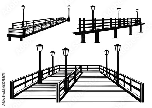 Collection of detailed black and white illustrations depicting wooden piers and lamp posts