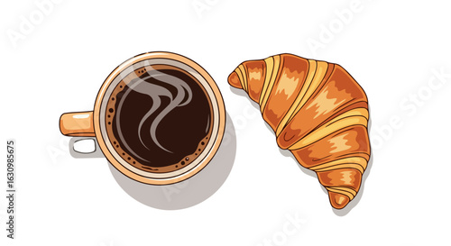parisian breakfast coffee and croissant illustration for cafe menus