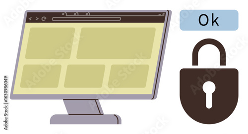Monitor with displayed web layout, lock symbol, and approval text. Ideal for cybersecurity, online safety, privacy, access control, encryption secure browsing and reliability concepts. Clean