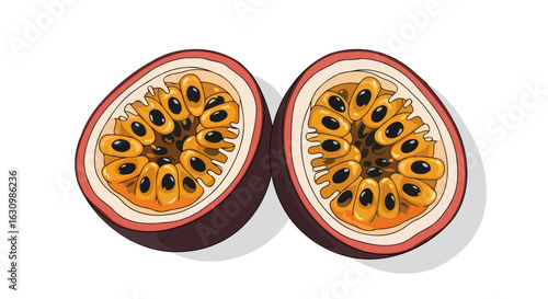 two halves of a passion fruit vibrant tropical illustration