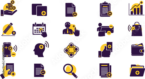 Plus sign icon set. Containing add, more, new, copy, augmentation, positive, create, zoom and more. Solid vector icons collection.