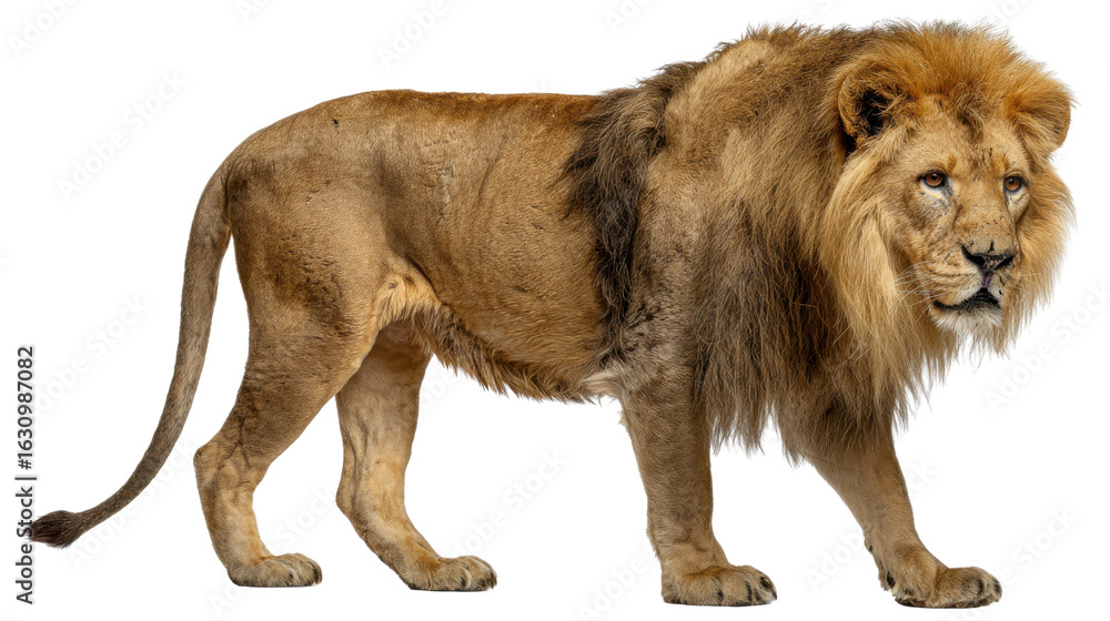 Obraz premium Majestic Lion's Stroll: A regal male lion strides confidently, showcasing its magnificent mane in this striking studio portrait. Capturing its powerful presence and captivating gaze.