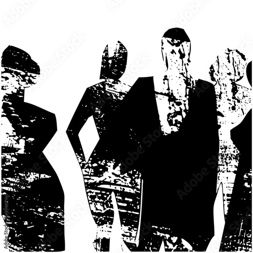 Vector Silhouetted figures in formal attire stand together.