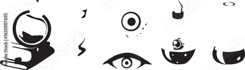 Black and white vector icons of bubbling potions and eyes halloween spell