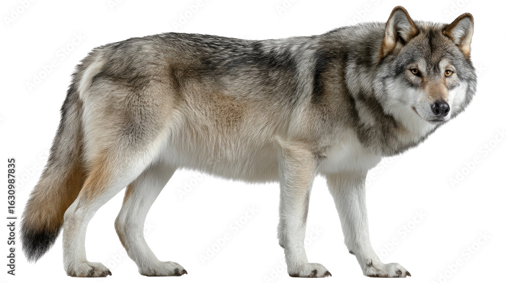 Obraz premium Majestic Wolf Portrait: A striking portrait of a solitary wolf, its intense gaze piercing through, highlighting its strength and wild beauty, showcasing the raw power of nature.