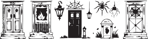Black and white vector icons of spooky doors and creepy Halloween elements
