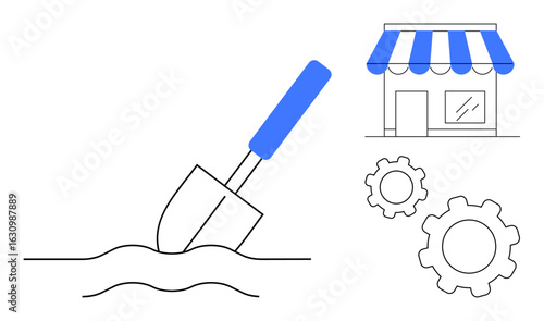 Shovel digging into the ground, gears representing mechanisms, and a small storefront. Ideal for entrepreneurship, business growth, retail setup, process management, innovation, investment simple