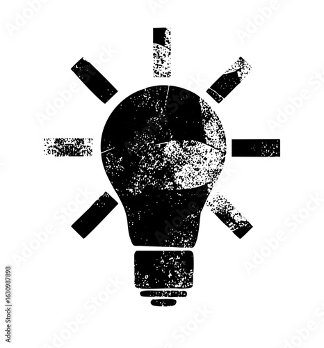Vector Distressed monochrome lightbulb with radiating lines.