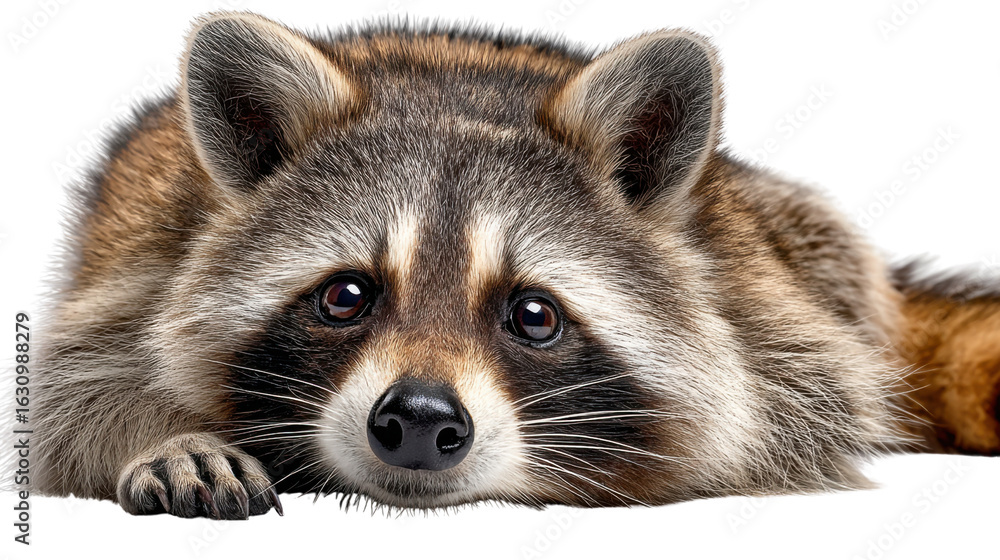 Obraz premium Contemplative Raccoon Portrait: A charming raccoon rests, showcasing its captivating gaze and detailed fur, offering a candid, intimate view of this clever critter.