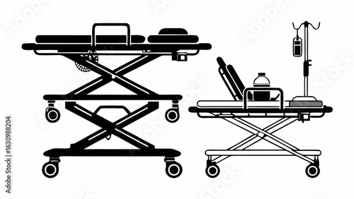 Two medical gurneys one in black and one in white with wheels and adjustable height mechanisms visible silhouette