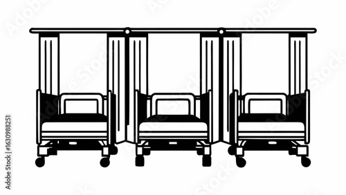 Illustration of three hospital beds separated by privacy curtains in a clinical setting room view silhouette