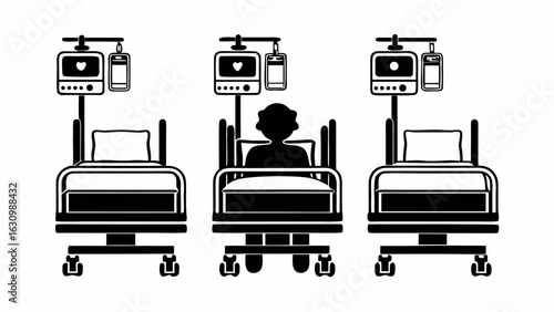 Three hospital beds with patient monitoring systems and one bed occupied by a patient silhouette