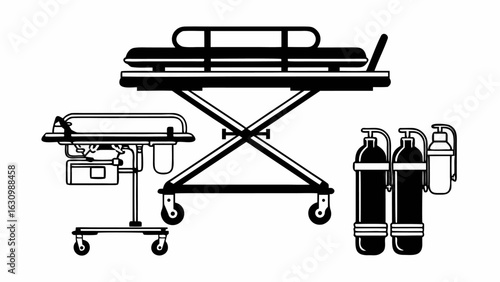 Medical equipment showing a gurney, a medical cart, and oxygen tanks in a black and white illustration silhouette