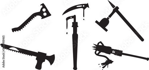 Black silhouette collection of antique and modern tools and weapons vector icon