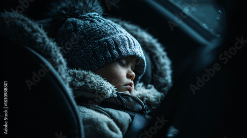 Adorable Baby Sleep Car Winter Cozy Hat Peaceful Indoors Warm Soft Cold Dozing Snug Rest Cute Innocence Bedtime Tranquility Safety Nature Night 
