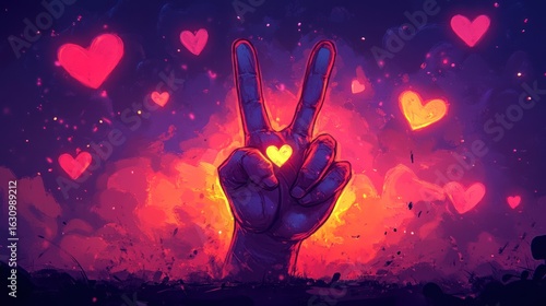 Hand making peace sign with glowing heart amidst vibrant fiery background with many hearts.