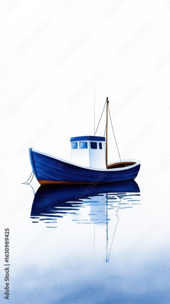 Naklejka premium Serene watercolor of a blue fishing boat on calm waters