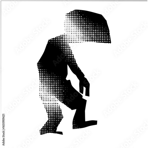 Vector Dejected figure with dotted shading walks with head down.