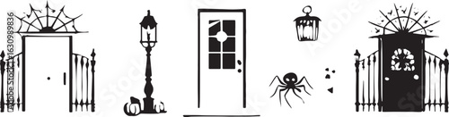 Spooky black and white vector icons of doors gates lantern spider
