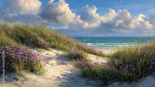 Serene coastal dune landscape with vibrant purple wildflowers blooming amidst tall grasses,  soft white sand, and a tranquil ocean with gentle waves under a partly cloudy sky