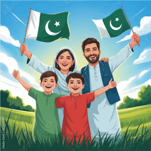 Illustration of a Family Raising Pakistan Flags Outdoors on 14th August with Joyful Expressions and Sky Background