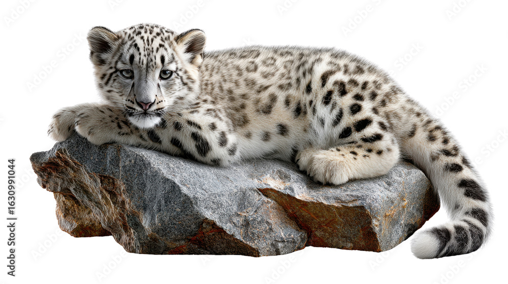 Fototapeta premium Snow Leopard on Stone: A serene snow leopard rests majestically on a weathered stone, its captivating gaze fixed upon the viewer, embodying both grace and quiet power.