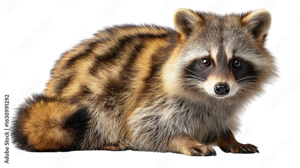 Obraz premium Adorable Raccoon: A detailed studio shot of a charismatic raccoon. Its unique, patterned fur coat and masked face convey an engaging personality, ready for a fun adventure.