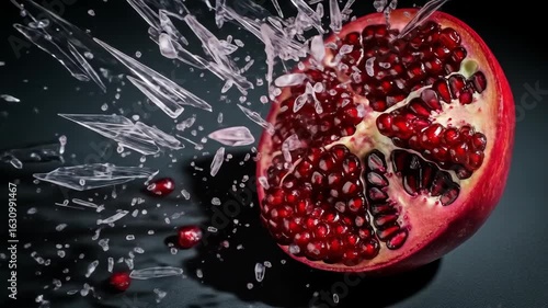 A close-up shot of a pomegranate bursting open with shattered glass fragments.