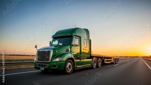 Green Semi-Truck Hauling Empty Flatbed Trailer on Asphalt Highway at Sunset, commercial shipping