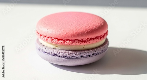 A single colorful French macaron with a pink top and purple bottom shell on a bright white surface.