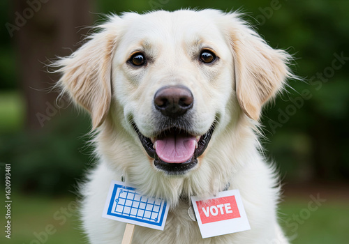 Cute Dog Holding Mini Vote Sign. September 15 International Day of Democracy