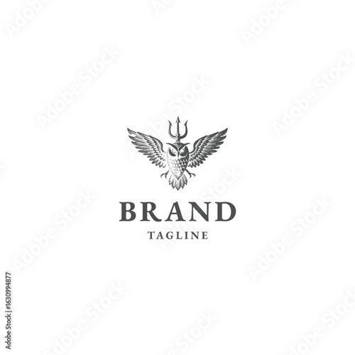 Owl trident logo engraving design vector artwork illustration