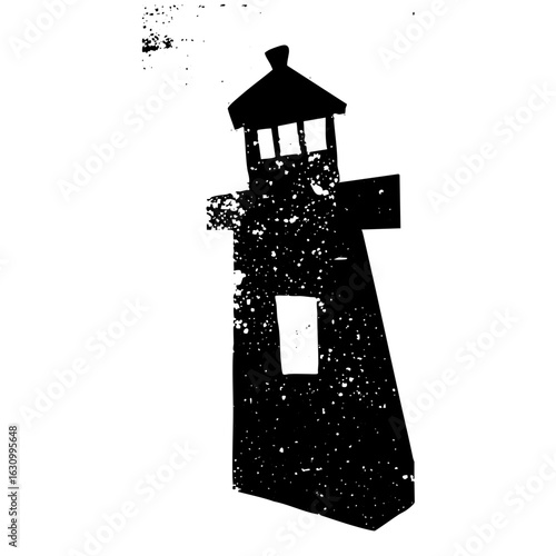 Vector Dark silhouette of a weathered lighthouse stands prominently against a white backdrop.