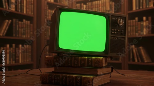 Retro television with green screen on books in a library setting, ideal for advertising historical