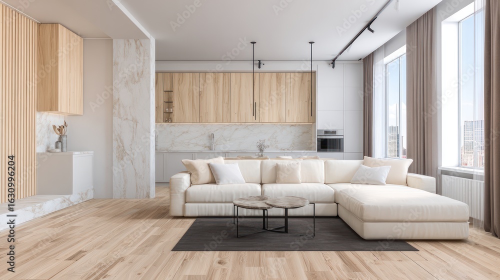 Fototapeta premium Modern open-plan kitchen-living area