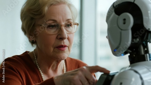 Elderly woman interacting with a humanoid robot in a modern setting