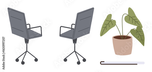 Two ergonomic swivel chairs, a leafy potted plant, and a walking cane conveying workspace comfort, accessibility, and inclusivity. Ideal for office design, inclusivity, modern workspace, daily