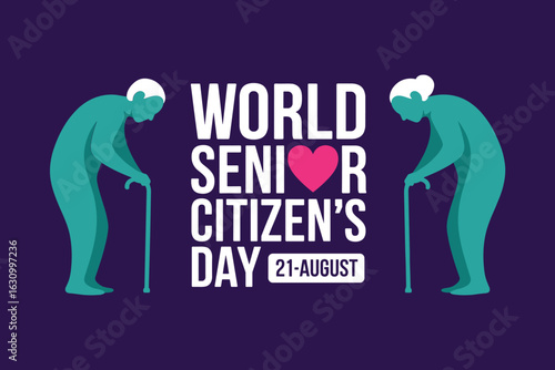 Two elderly figures with canes bookend text for world senior citizens day on violet